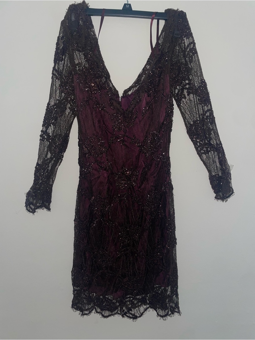 Oday Shakar Plum Long Sleeve Beaded Lace Dress